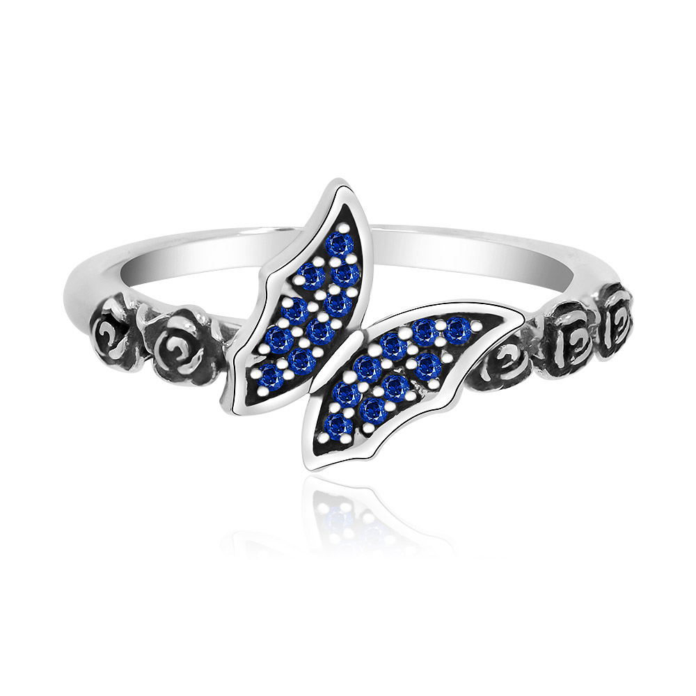 Sapphire Butterfly Rose Silver Ring